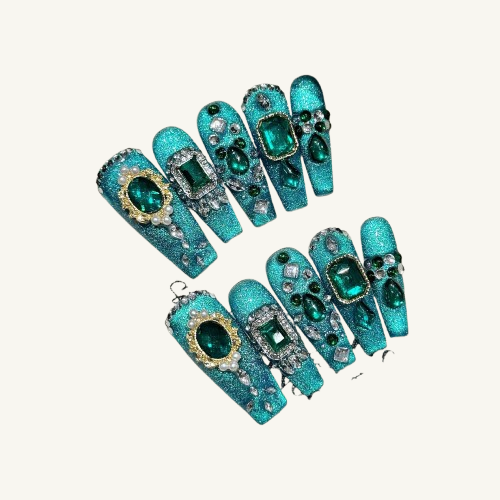 Mermaid's Trove Press-On Nails | Handmade Emerald Glitter Coffin