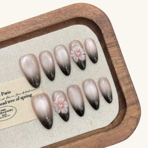 Dusk Sparkler Press-On Nails | Handmade 3D Flower Cat Eye Ombre Almond