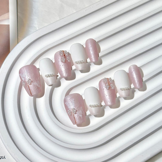 Pink-White Lace Pearl  Trapezoid Press-On Nails