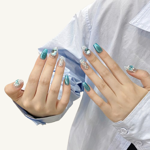 Ocean Heart Press-On Nails | Luxury Handmade Pearl Coffin Fake Nails