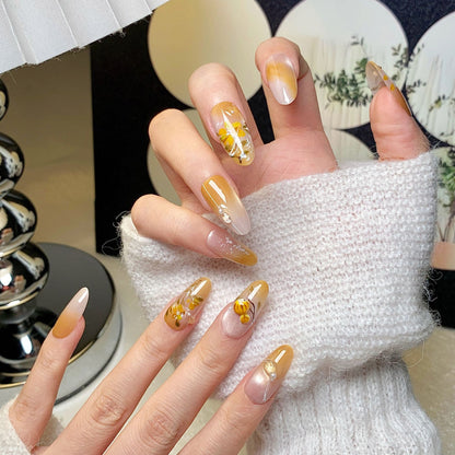 Warm Yellow Chinese Floral-Bird Press-On Nails