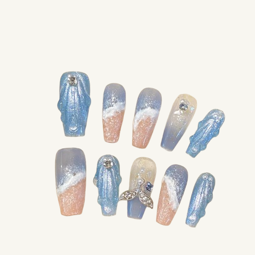 Sand & Wave Press-On Nails |  Blue & Pink Glitter Handmade Coffin