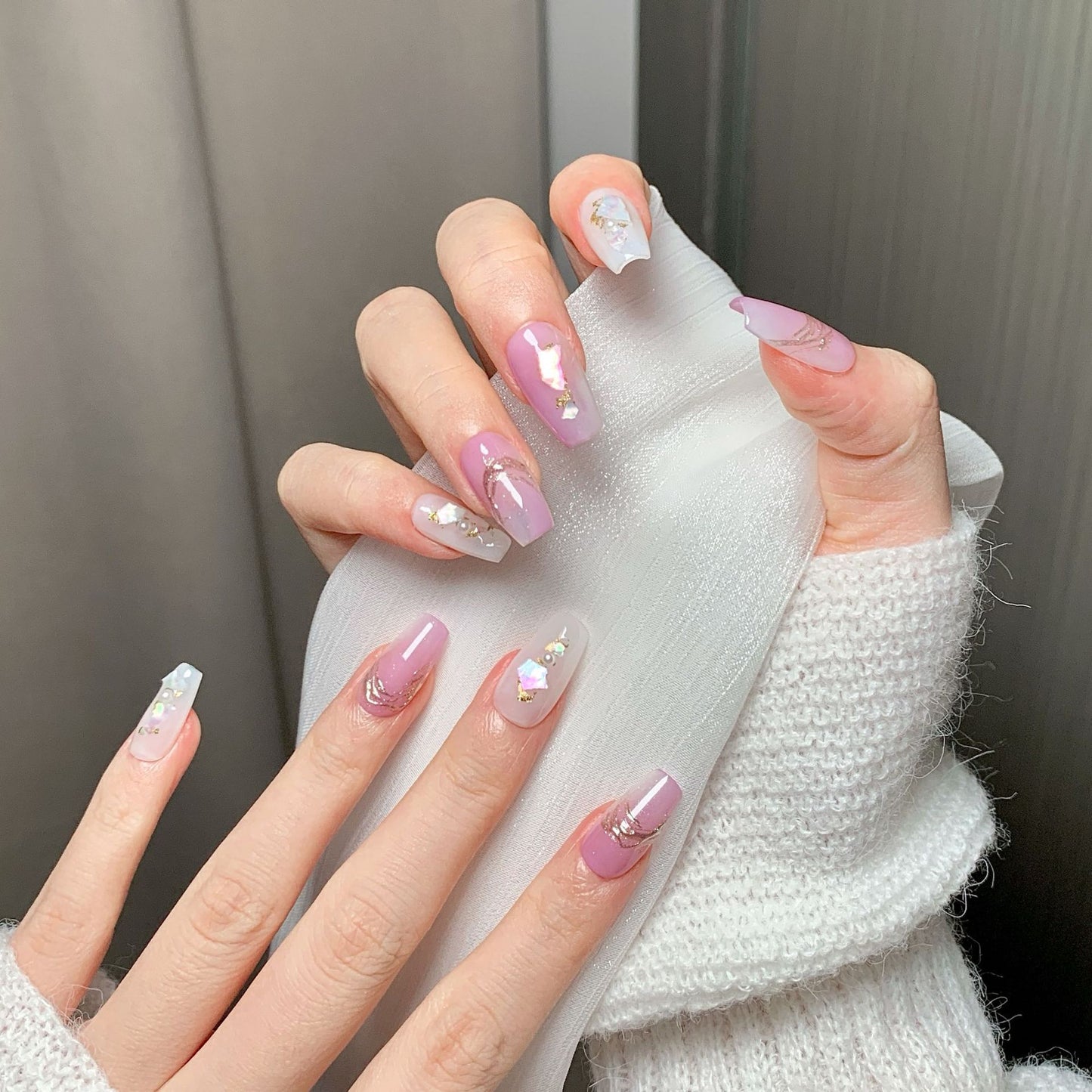 Pink Shell  Trapezoid Press-On Nails