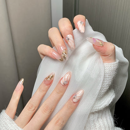 Nude Pink Gold Accent Almond Press-On Nails