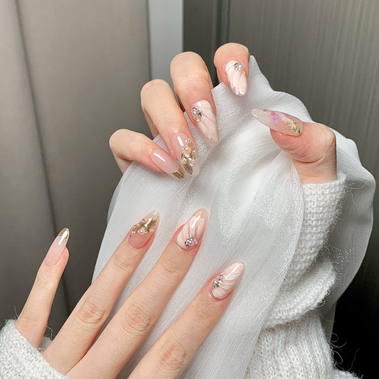 Nude Pink Gold Accent Almond Press-On Nails