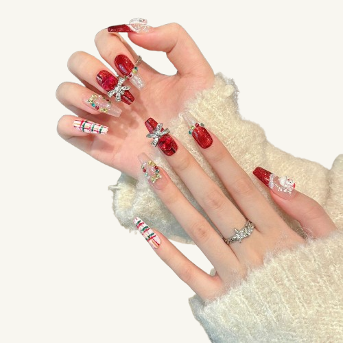 A set of luxurious Christmas-themed press-on nails featuring a 3D Santa, red & green plaid, red glitter, and a large ruby bow charm.
