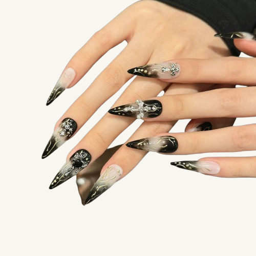 Cross Press On Nails | Black Smoke Handmade Stiletto