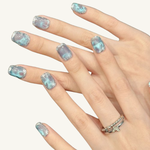 Crystal Cave Press-On Nails | Handmade Blue Cat Eye Diamond Trim