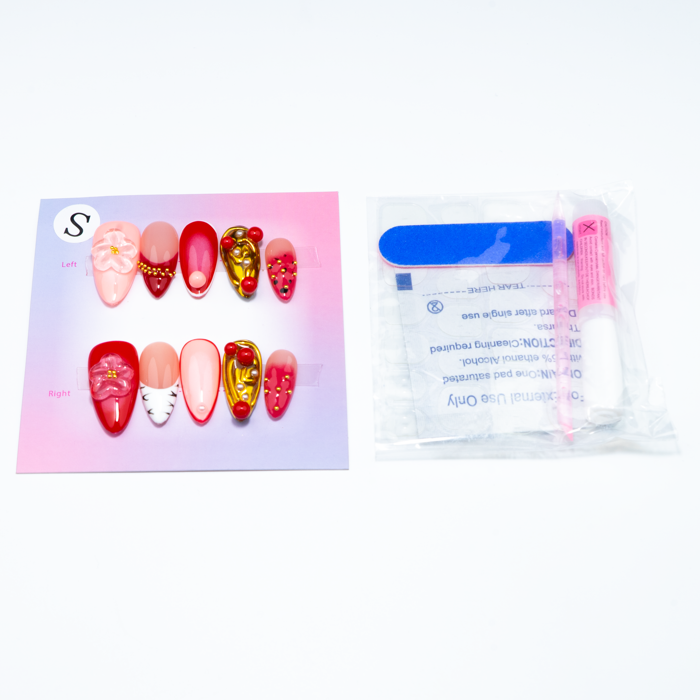 3D Flower Red Pink Design Press-On Nails