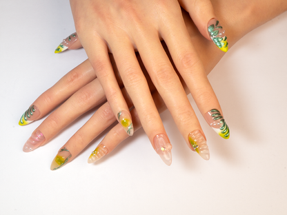 Elven Green Art Press-On Nails| Handmade Yellow Pearl Sheer | Almond