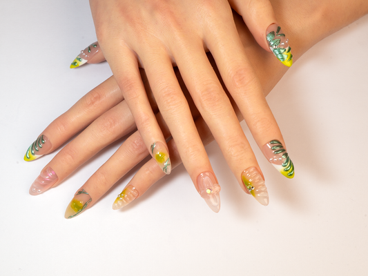 Elven Green Art Press-On Nails| Handmade Yellow Pearl Sheer | Almond