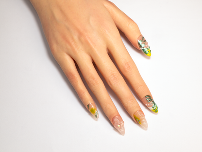 Elven Green Art Press-On Nails| Handmade Yellow Pearl Sheer | Almond