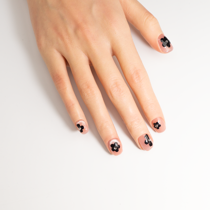 Pink-Black Floral Short Press-On Nails