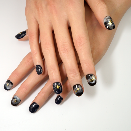Starry Night Black-Gold Short Squoval Press-On Nails