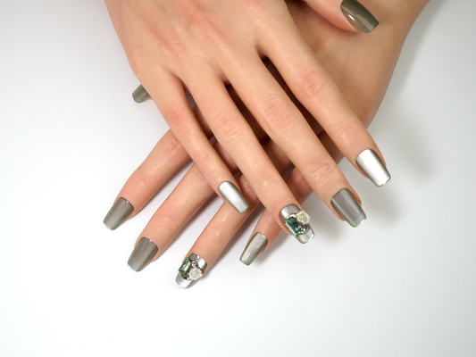 Silver-Green Cat Eye Press-On Nails | Chic Handmade Square Nails