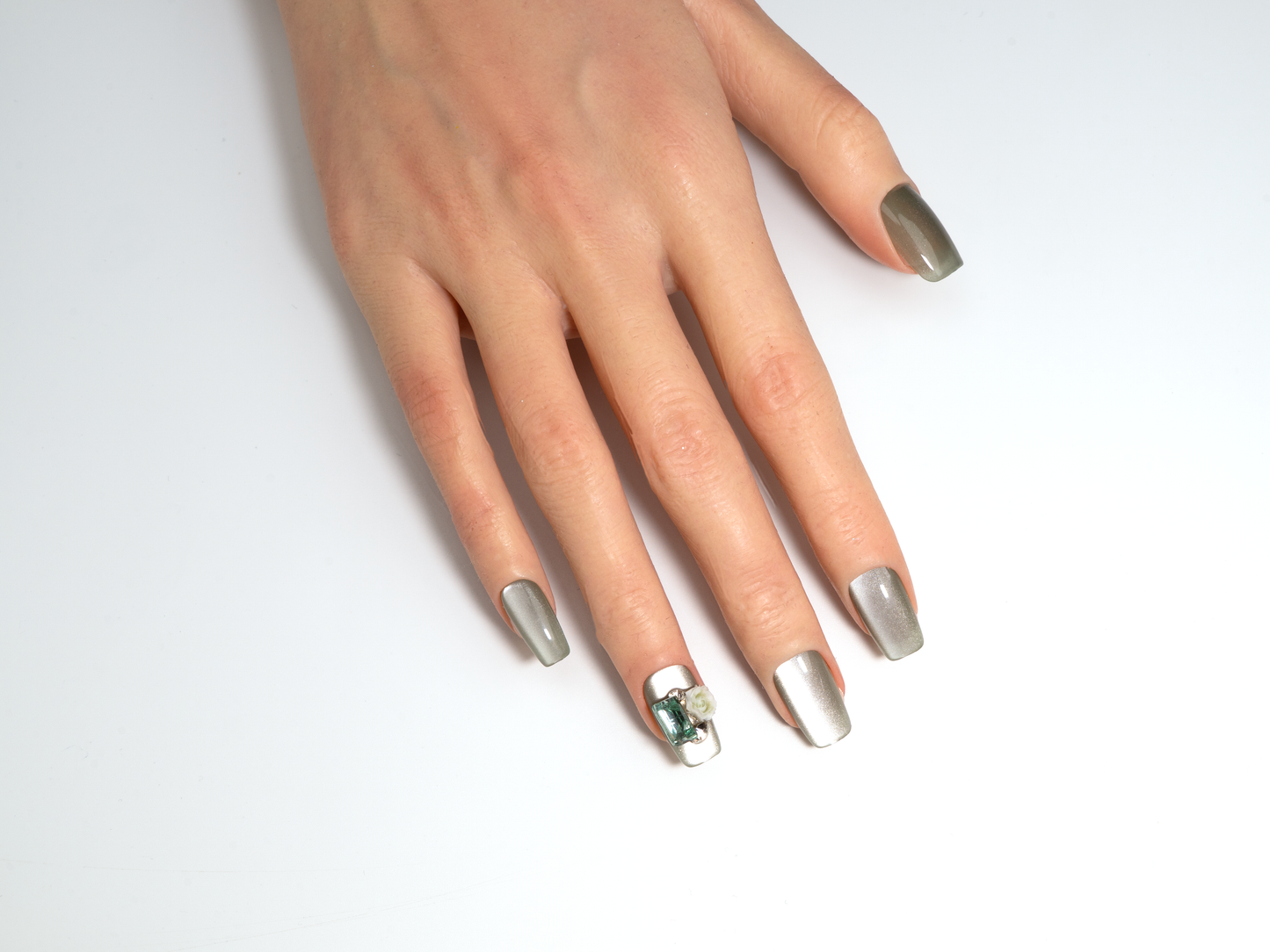 Silver-Green Cat Eye Press-On Nails | Chic Handmade Square Nails
