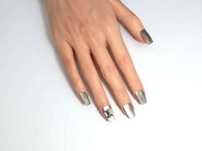 Silver-Green Cat Eye Press-On Nails | Chic Handmade Square Nails