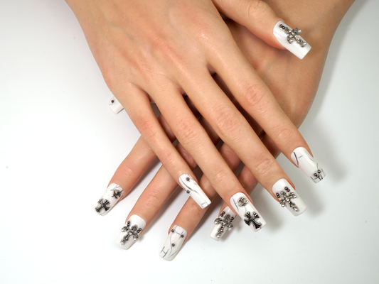 White Goth Press-On Nails | Metallic Cross Square Fake Nails