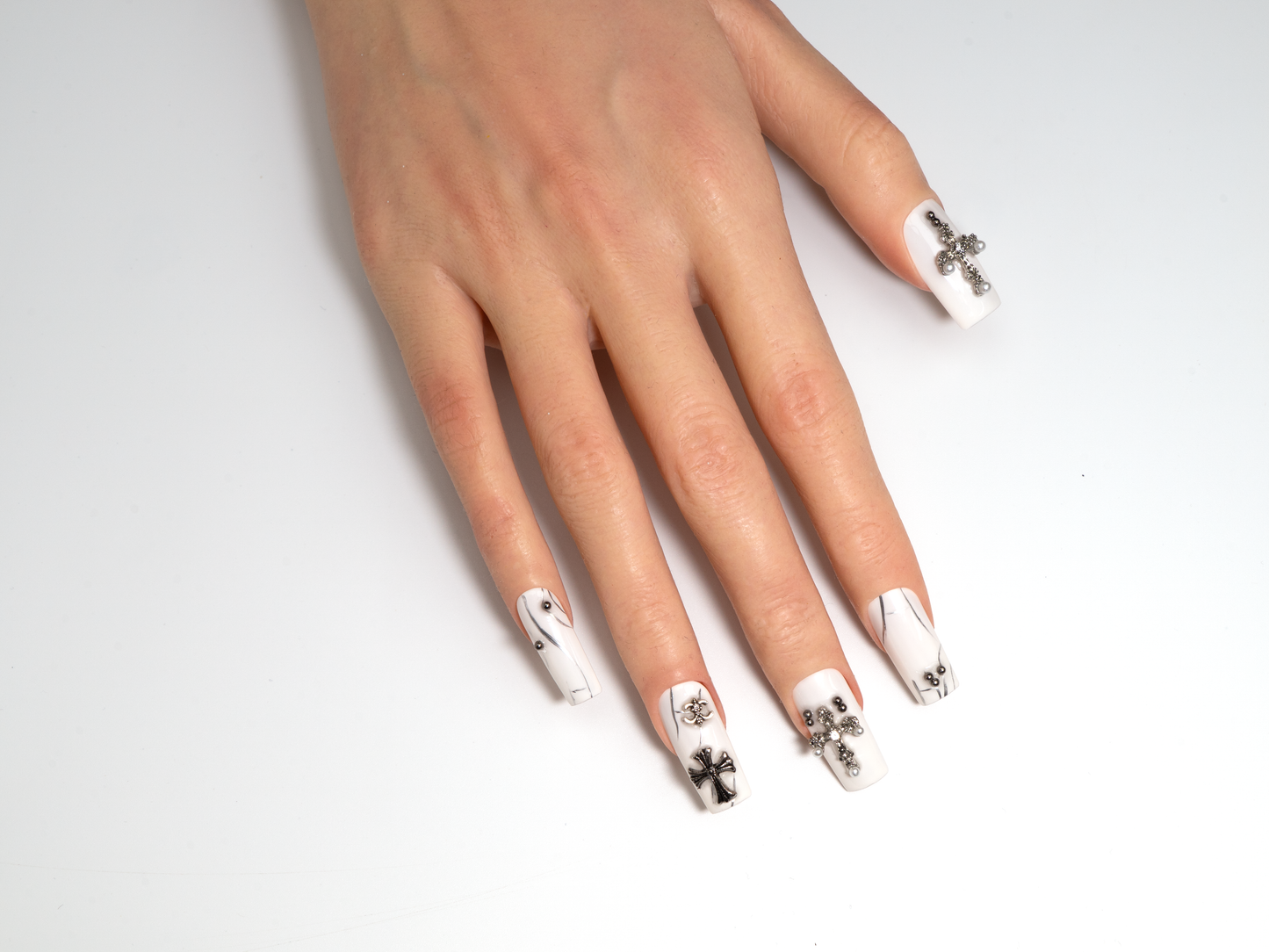 White Goth Press-On Nails | Metallic Cross Square Fake Nails