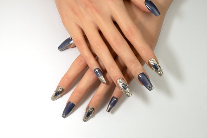 Deep Sea Cat Eye Press On Nails | Metal Relief Handmade Long Coffin