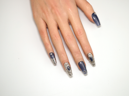 Deep Sea Cat Eye Press On Nails | Metal Relief Handmade Long Coffin