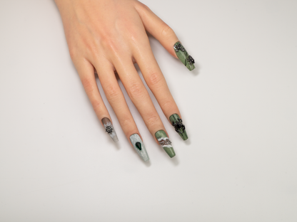 Dark Punk Press-On Nails | Handmade Metallic Spider Coffin Nails