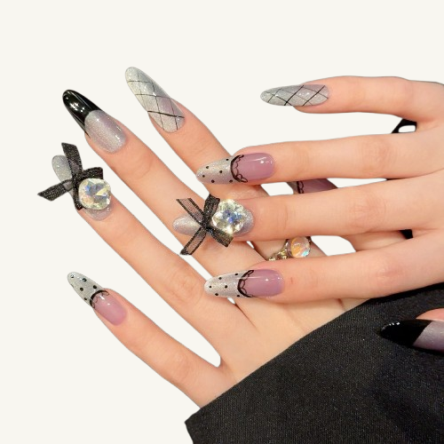 Lace Polka Dot Press-On Nails | Handmade Vintage Bow Gem Oval