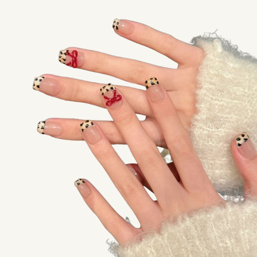 Leopard Bow Press-On Nails | Handmade Nude French Red Ribbon Coffin