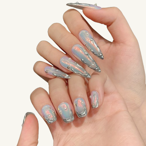 Liquid Metal Press-On Nails | Aurora Borealis Finish Handmade Long Stiletto Nails