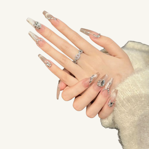 Nude Cat Eye Jewelry Press-On Nails | Long Handmade Fake Nails