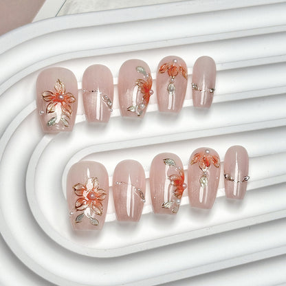Light Pink Floral Long Trapezoid Press-On Nails