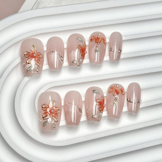 Light Pink Floral Long Trapezoid Press-On Nails