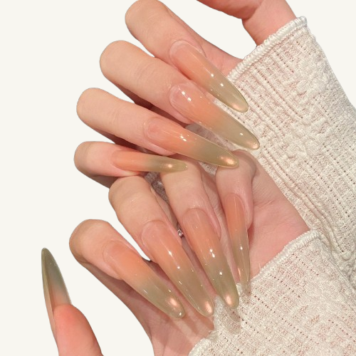 A set of handmade press-on nails with a pink-to-green jelly gradient and a mermaid pearl shimmer effect on the surface.