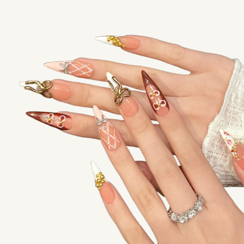 Rose Tea Party Press-On Nails | Handmade Rose Garden Bow Stiletto