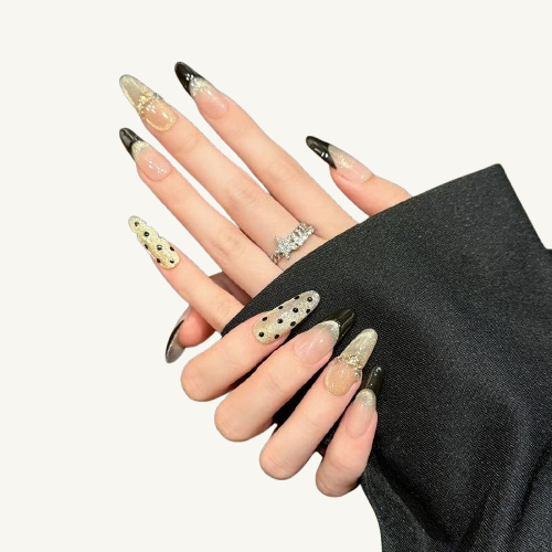 Starlight Polka Dot Press-On Nails | Handmade Black Gold Glitter Oval