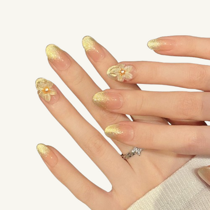 Summer Glass Flower Press-On Nails | Handmade 3D Floral Gold Ombre