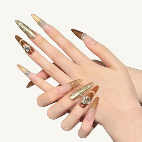 Toffee Cocoa Press-On Nails | Handmade Cat Eye Crystal French Stiletto