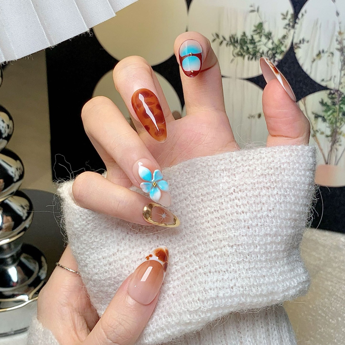 Brown-Pink Floral Short Almond Press-On Nails