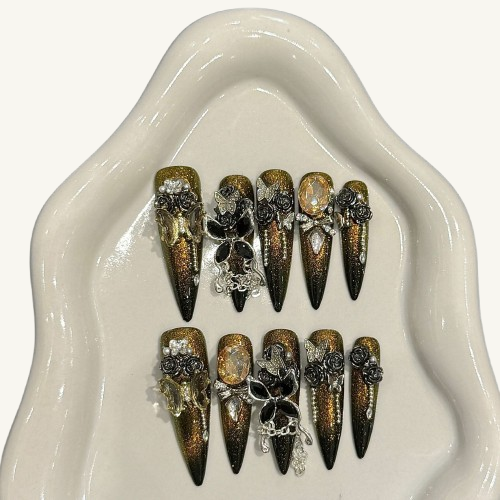 Gilded Butterfly Press-On Nails | Handmade Heavy Jewel Stiletto