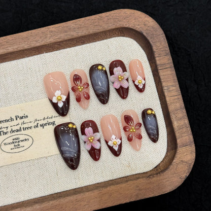Burgundy Floral Medium Almond Press-On Nails
