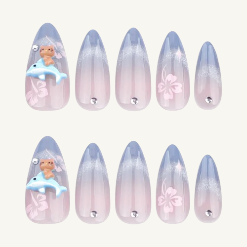 Silver Cat-Eye Ombre Press-On Nails | 3D Dolphin Long Almond