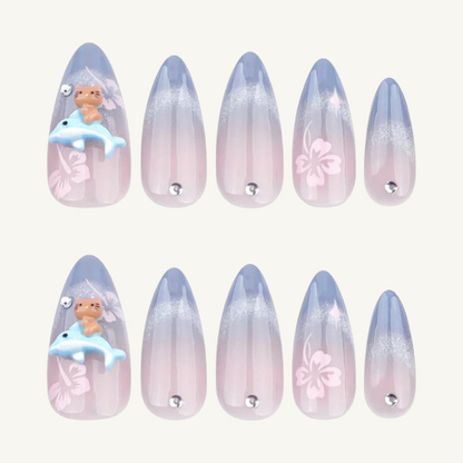 Silver Cat-Eye Ombre Press-On Nails | 3D Dolphin Long Almond