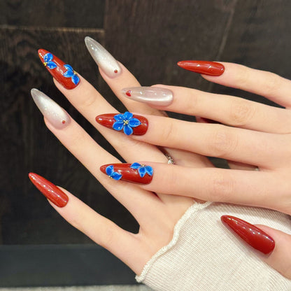 Red-Blue Flower Almond Press-On Nails