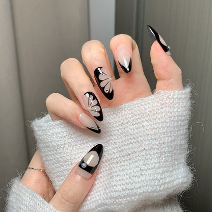 Black Butterfly Almond  Black-White Press-On Nails