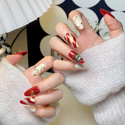 Christmas Red-White Oval Medium-Long Press-On Nails