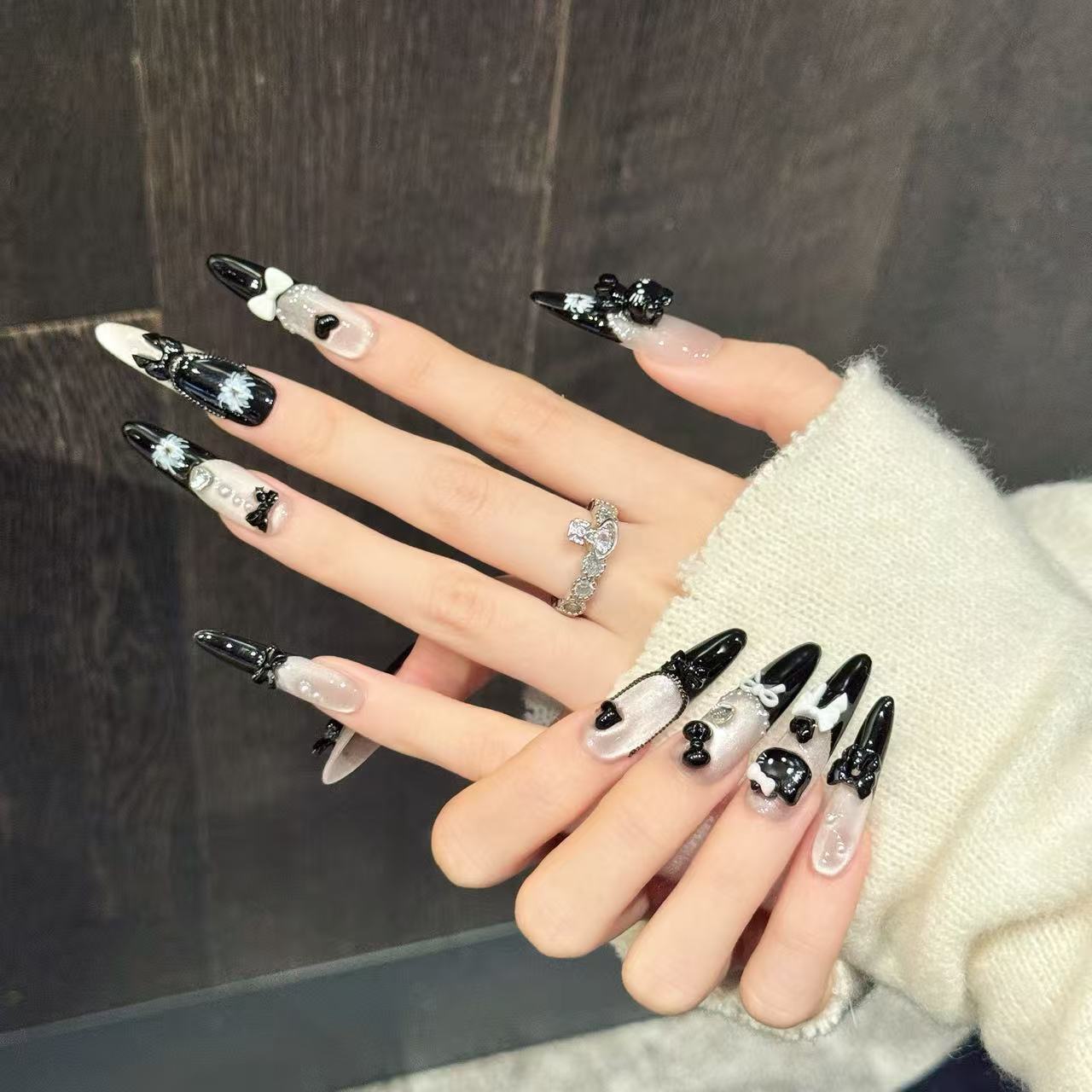 Black White Kitty Long Stiletto Press-On Nails