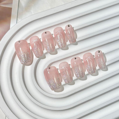 Pink Translucent Silver Glitter Press-On Nails