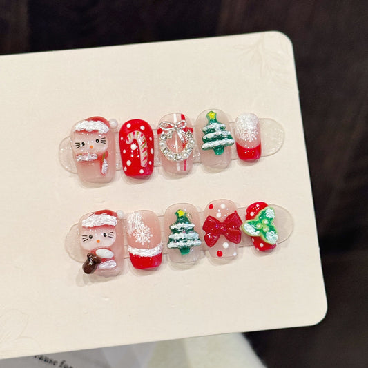 Christmas Hello Kitty Short Oval Press-On Nails