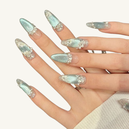 Hand-Painted Embossed Flower Nails | Long Oval Fake Nail