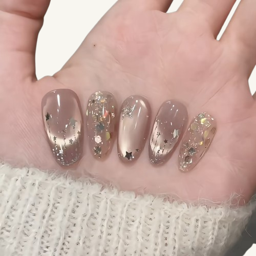 Soft Shimmer Glitter Press-On Nails | Handmade Oval Fake Nails